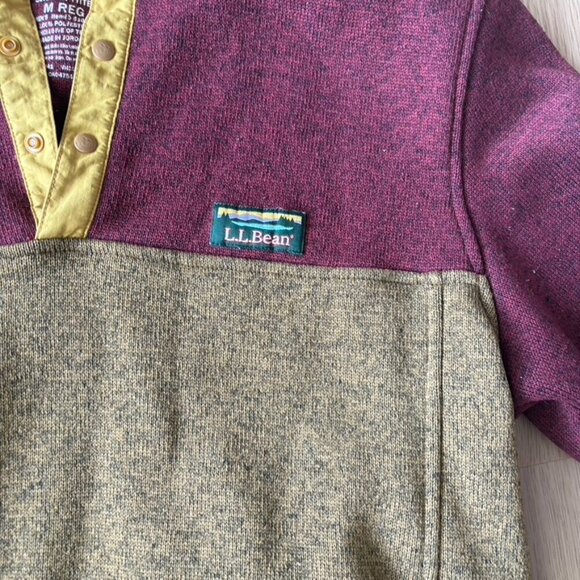 LLBean Sweater gold Maroon Color Block Button up popover Medium - Picture 5 of 7